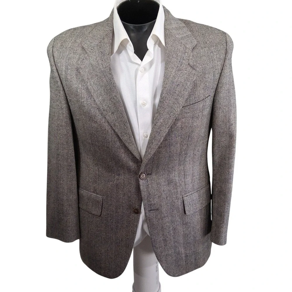 Chaps Ralph Lauren Tweed Sport Coat 38S Brown Herringbone Silk Wool Vintage